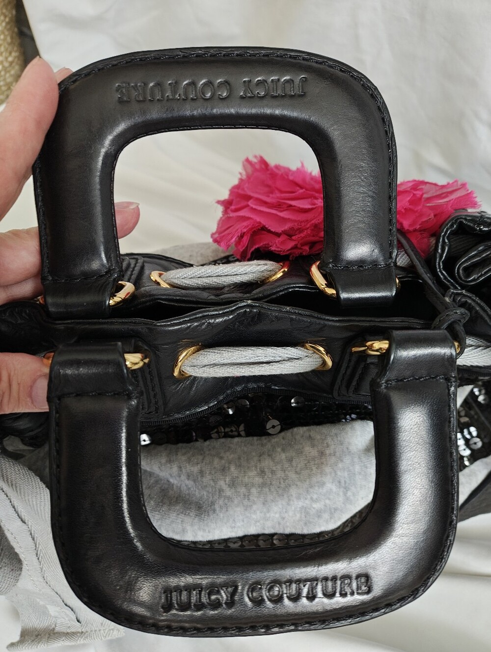 Vintage Juicy Couture Black & Grey Velour, Leather & Sequin Daydreamer Handbag - Picture 9 of 14